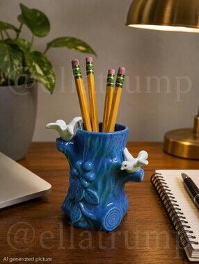 Vintage Japan Blue Bud Vase Planter Or Desk Cup Doves Birds